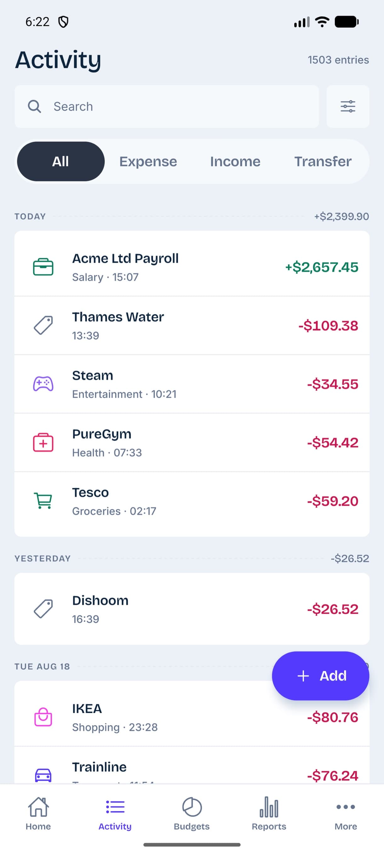 The activity screen: transactions grouped by day with running day totals, filters for expense, income and transfer, and an Add button