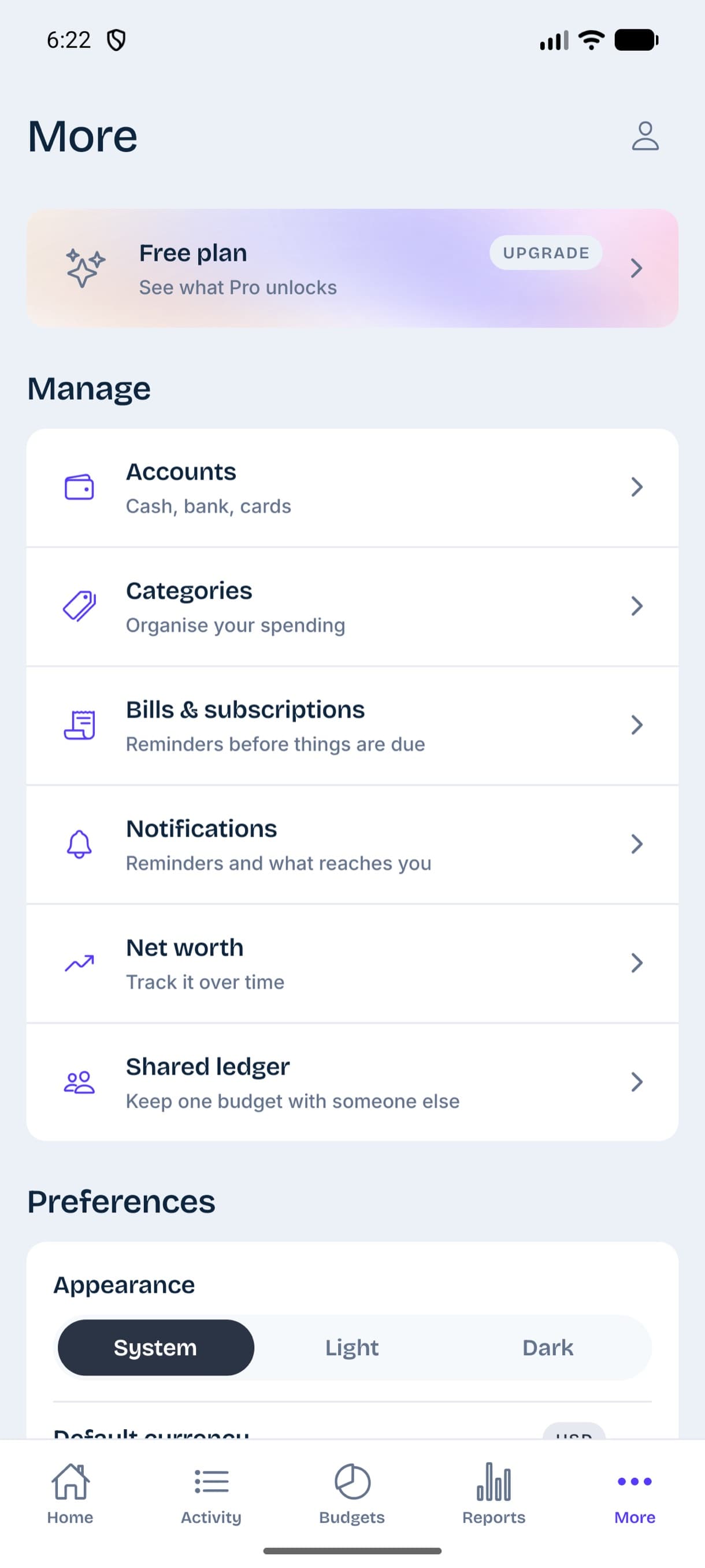 The manage screen: accounts, categories, bills and subscriptions, sync and export, notifications and net worth