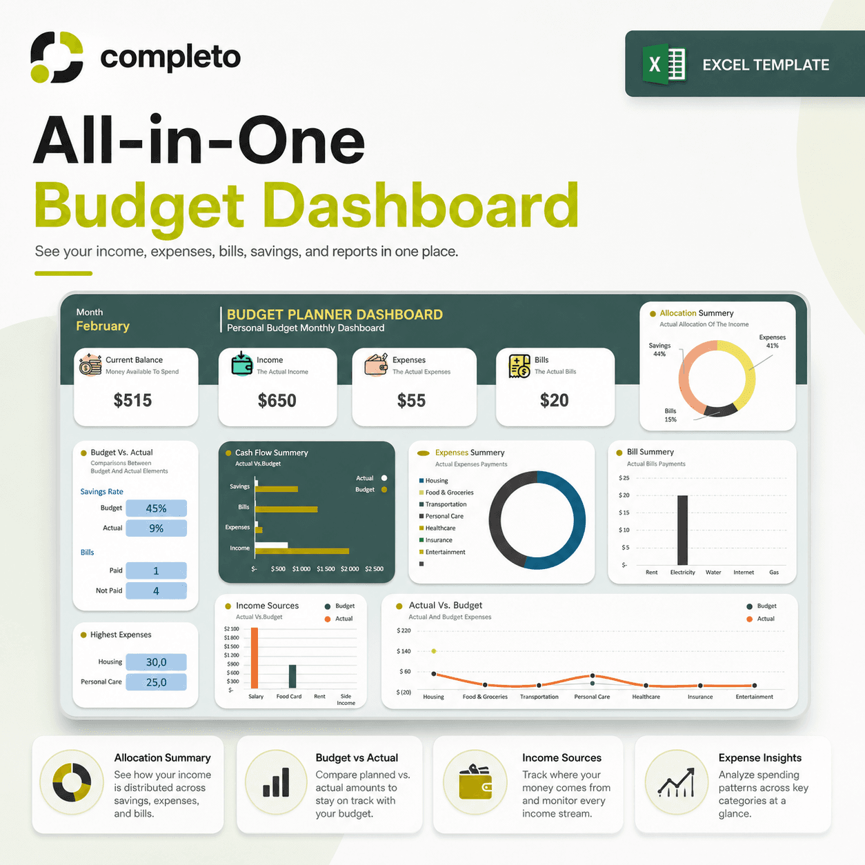 Monthly Budget Dashboard Excel Template with Dashboard — screenshot 2