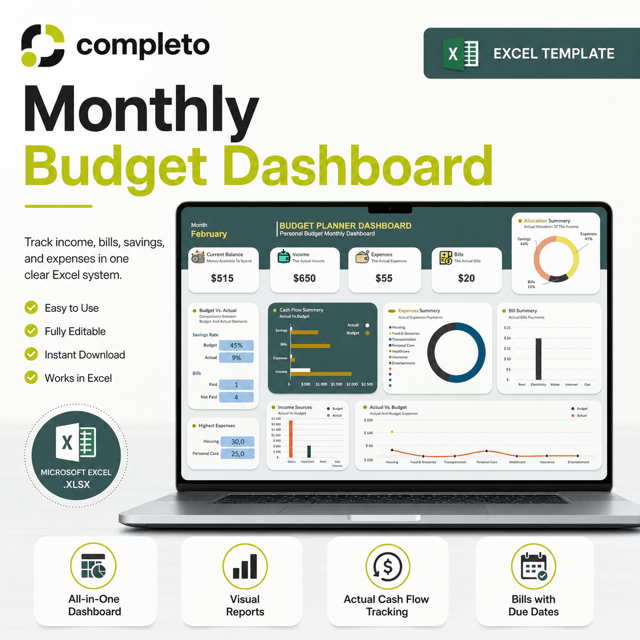 Monthly Budget Dashboard Excel Template with Dashboard — cover image