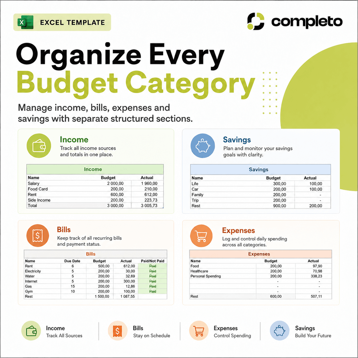 Monthly Budget Dashboard Excel Template – Income & Bills — screenshot 3
