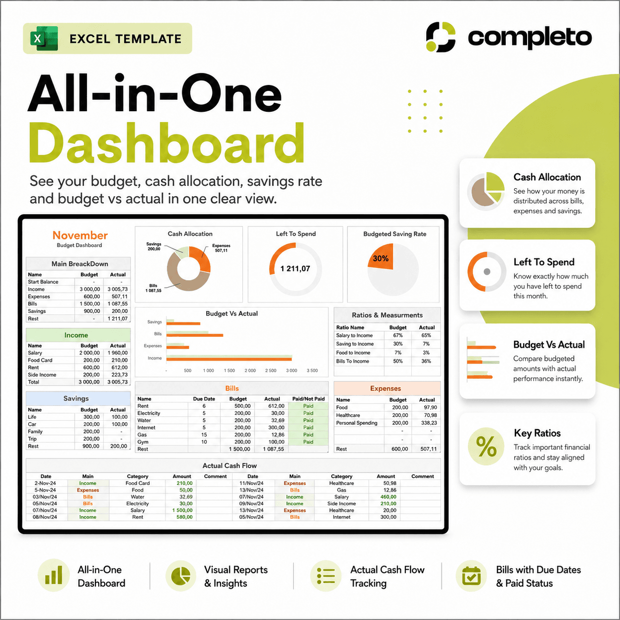 Monthly Budget Dashboard Excel Template – Income & Bills — screenshot 2